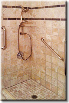 Custom tile handicapped Roll in Shower with grab bars, adjustable shower head